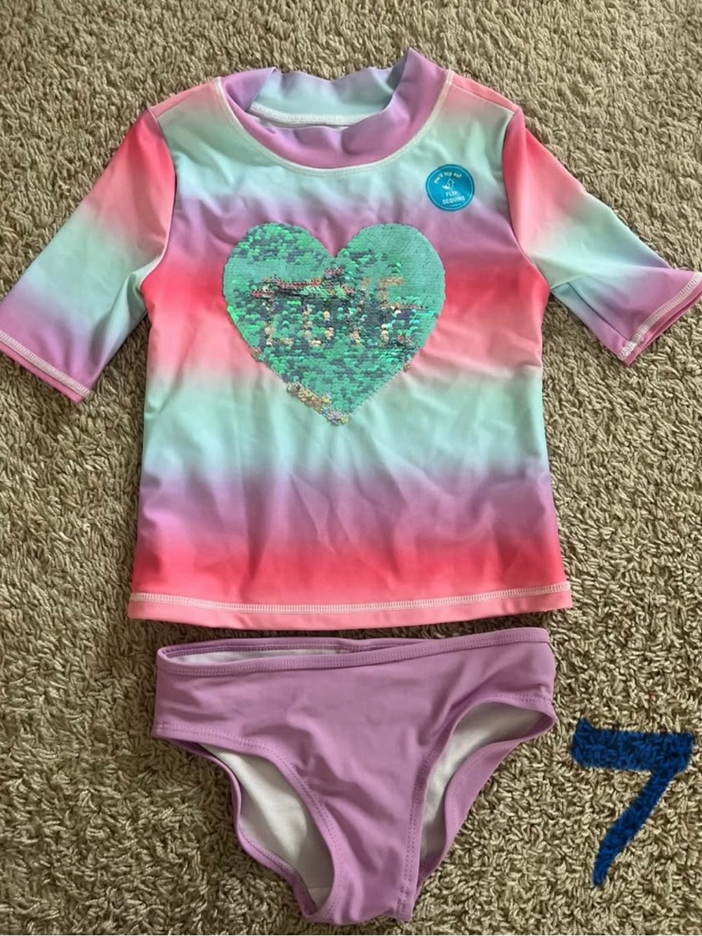 Kids Gradient Heart Sequin Rash Guard Swim Set - Pink & Mint